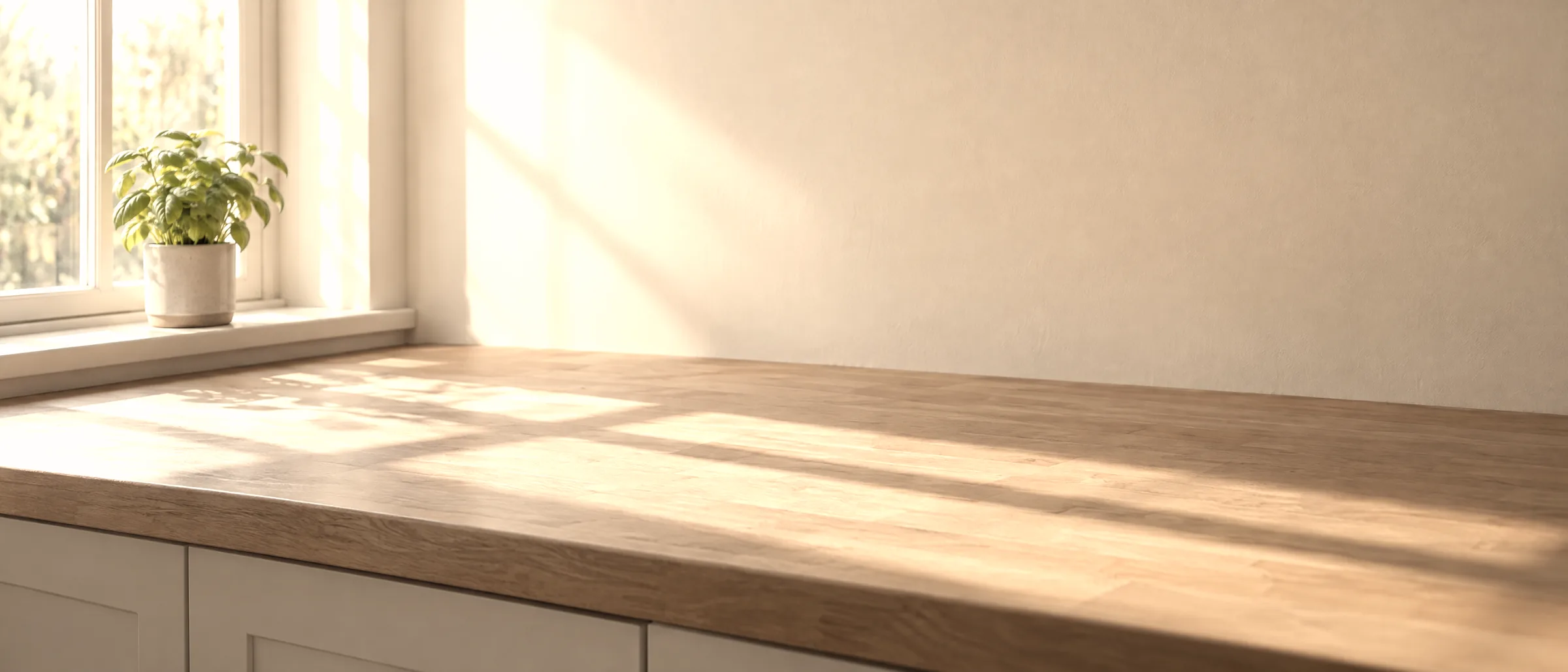 An empty wooden kitchen counter along a cream wall with a small potted herb on the windowsill, morning light falling across it.