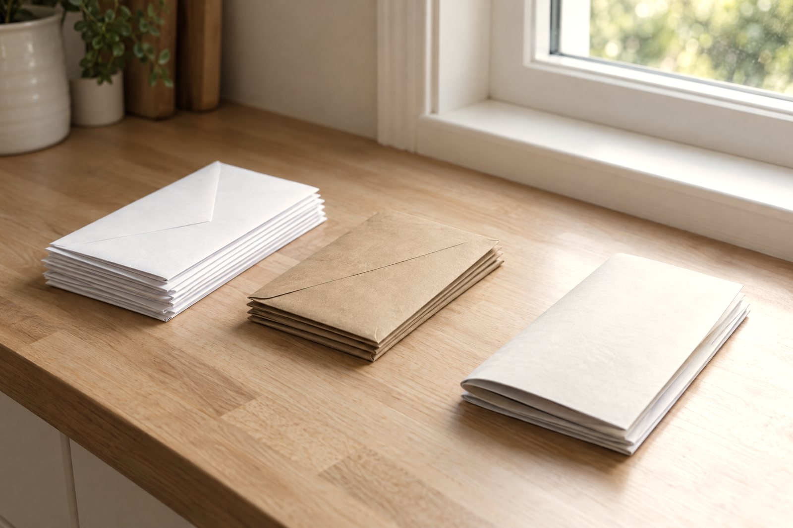 Household mail sorted into three small stacks on a wooden kitchen counter beside a window.