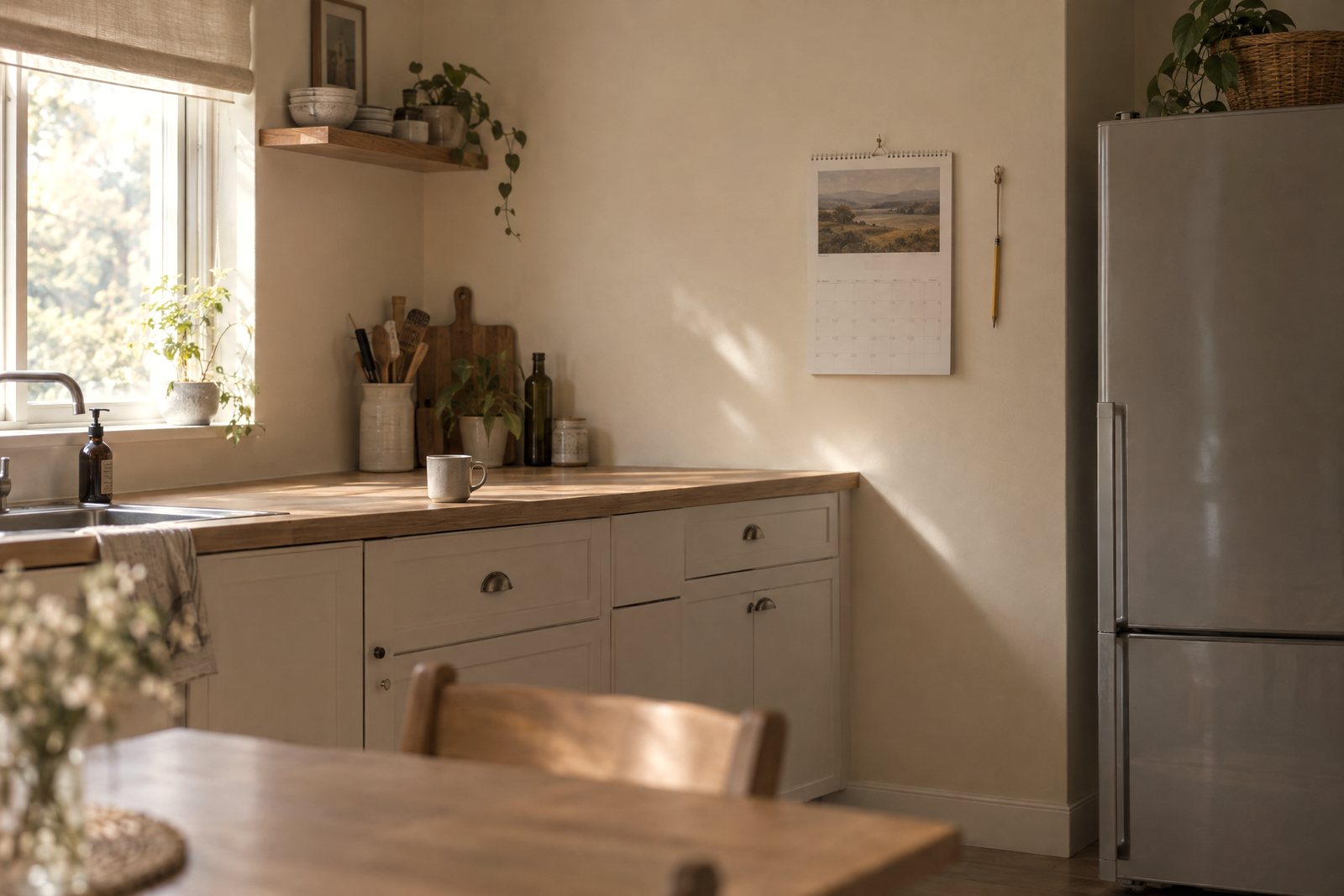 A wall calendar with a pencil on a string hanging in a kitchen, seen from across the room, with a mug on the counter below.