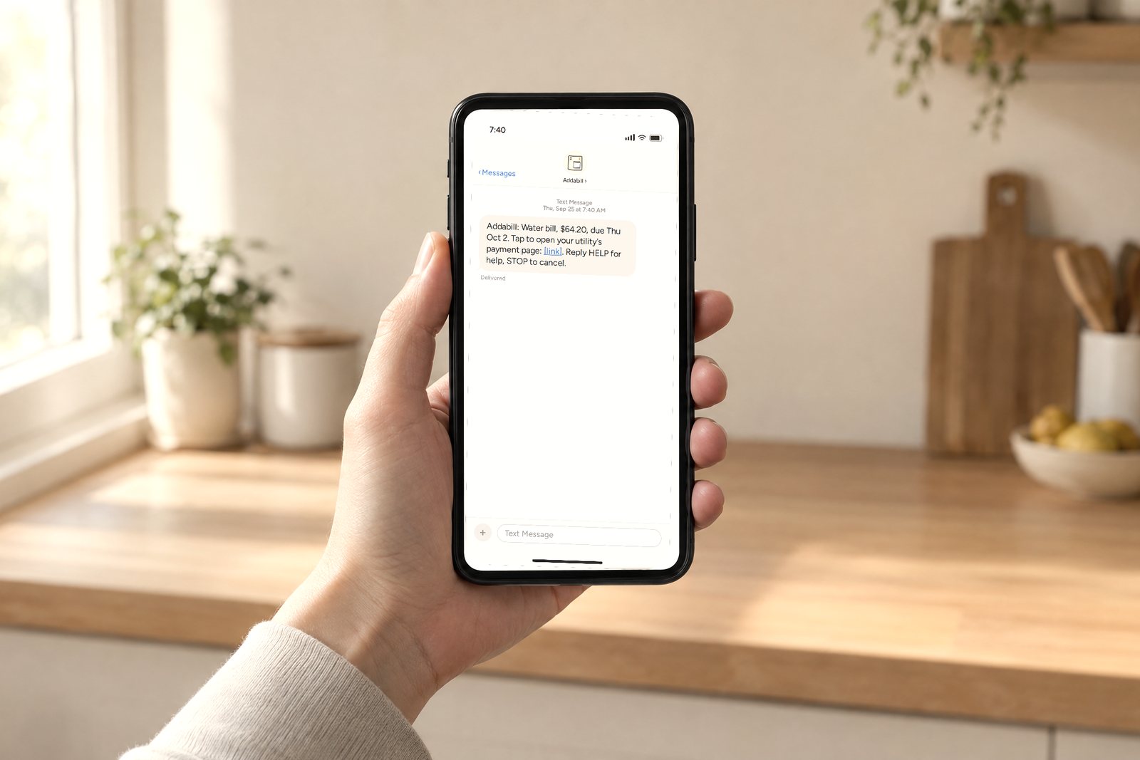 A hand holding a phone that shows a text from Addabill: Water bill, $64.20, due Thu Oct 2, with a link to the utility's payment page.