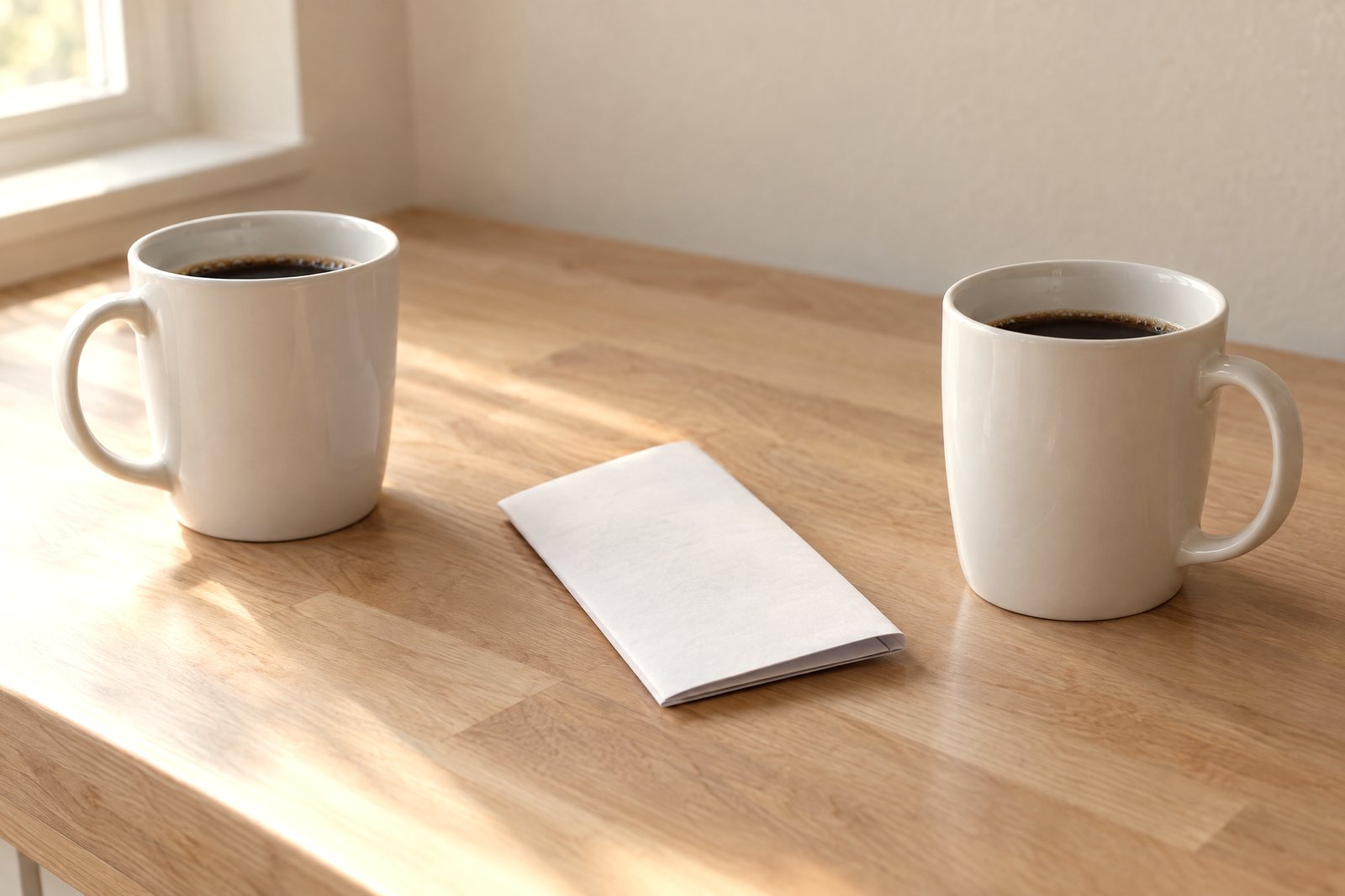 Two white coffee mugs on a wooden kitchen counter with a folded paper bill lying between them, in morning window light.