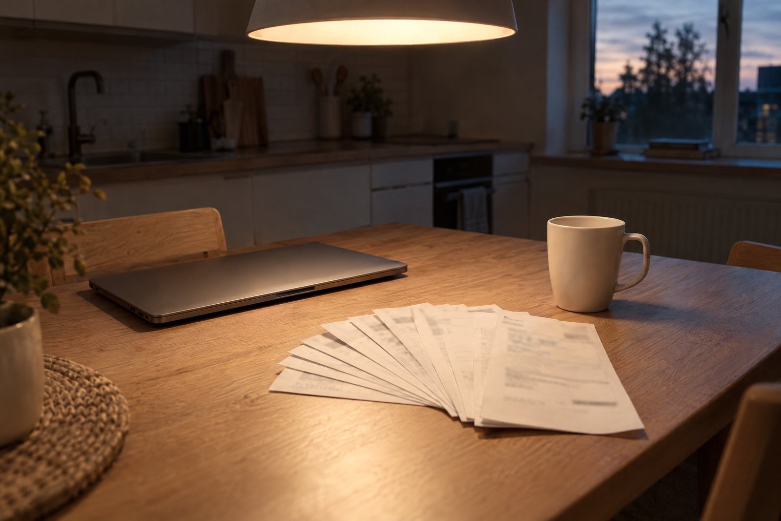 A kitchen table in the evening under a pendant lamp with a closed laptop, a fan of paper bills and a mug.