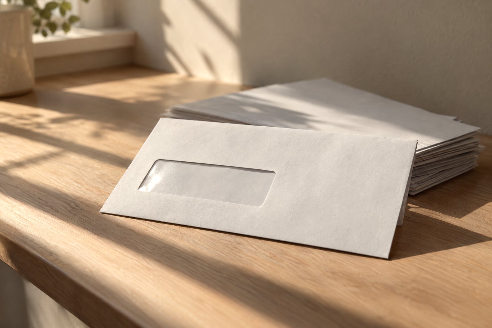 A pile of envelopes on a wooden counter with one window envelope on top, lit by hard light from the side.