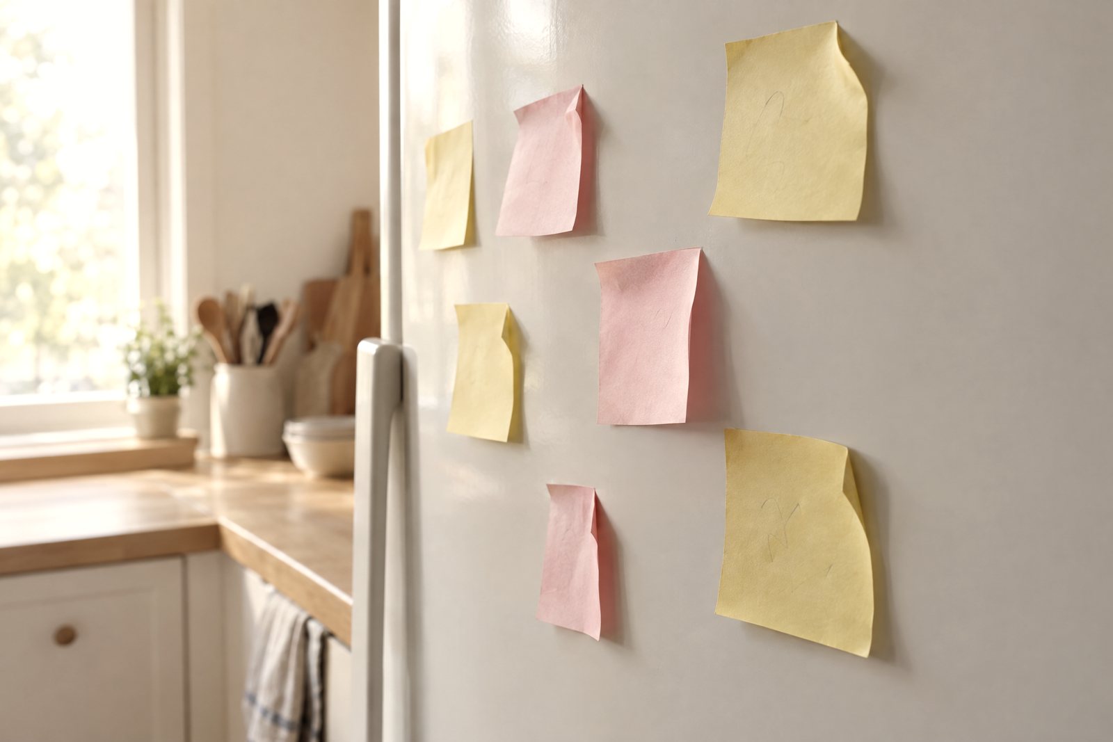 Several yellow and pink sticky notes on a white fridge door with their corners curling, photographed up close.