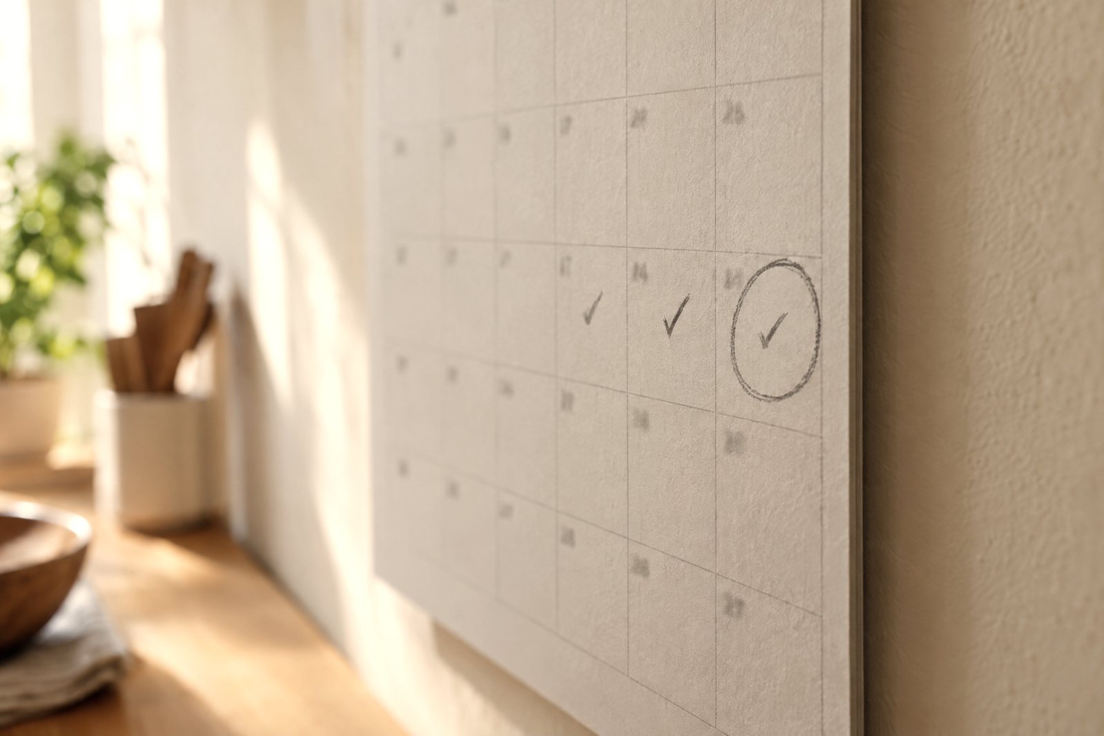A close view of a wall calendar with three pencil ticks in the days before a circled date.
