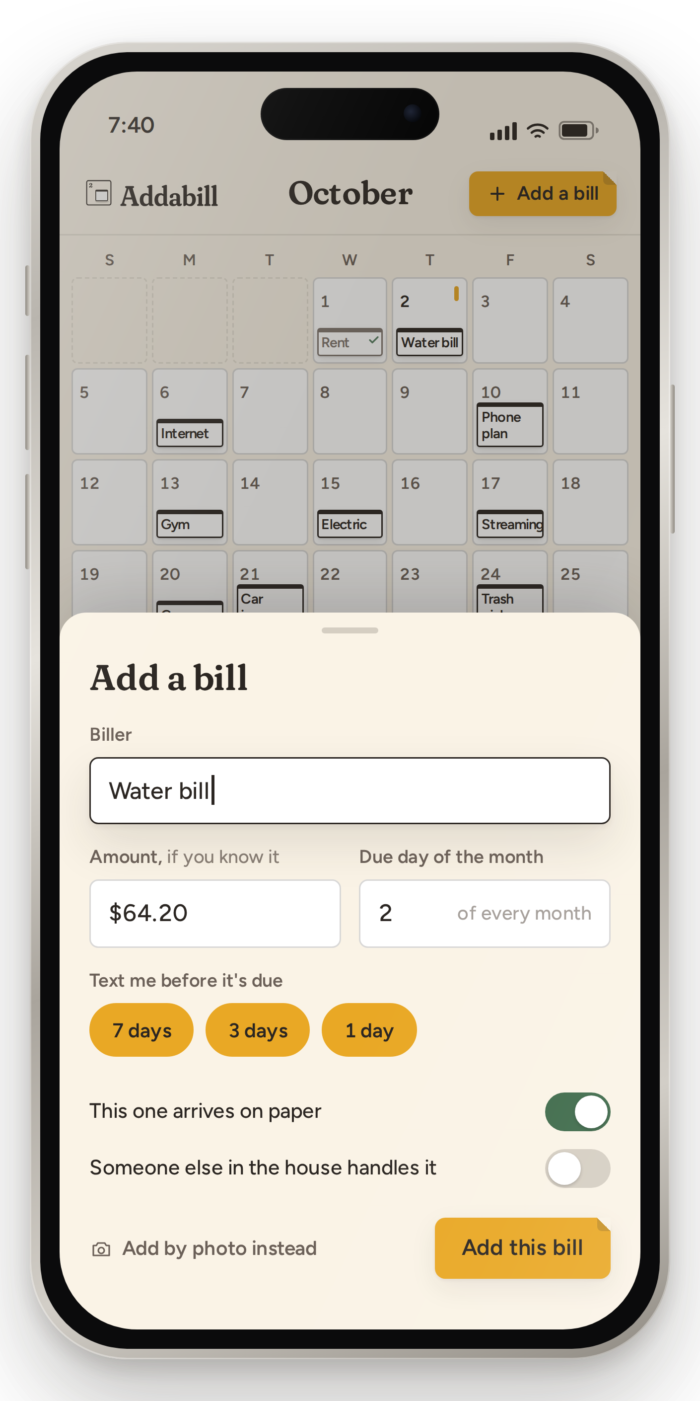 The Add a bill sheet in the Addabill app with the biller, the amount, the due day of the month and the text reminder days filled in for the water bill.