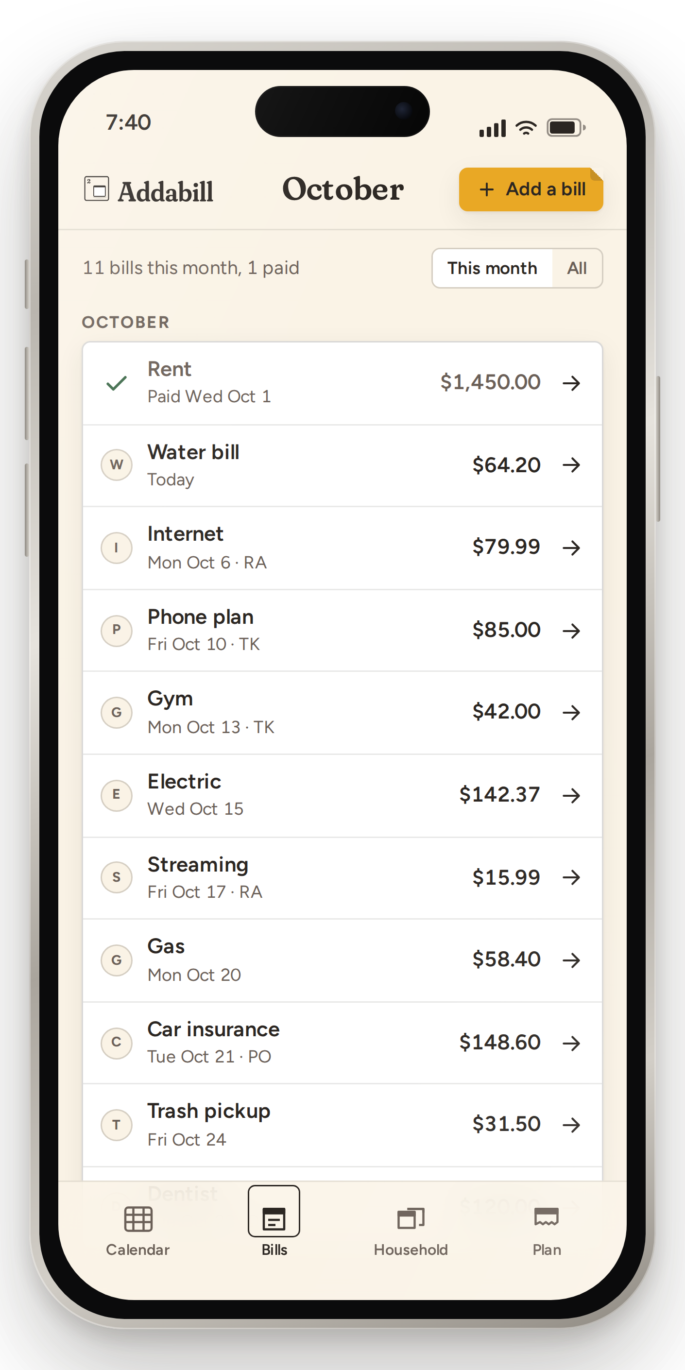 The Addabill Bills list on a phone: eleven October bills, each with the biller, its amount, its due date, a paid check on the rent, and an arrow to open the payment page.