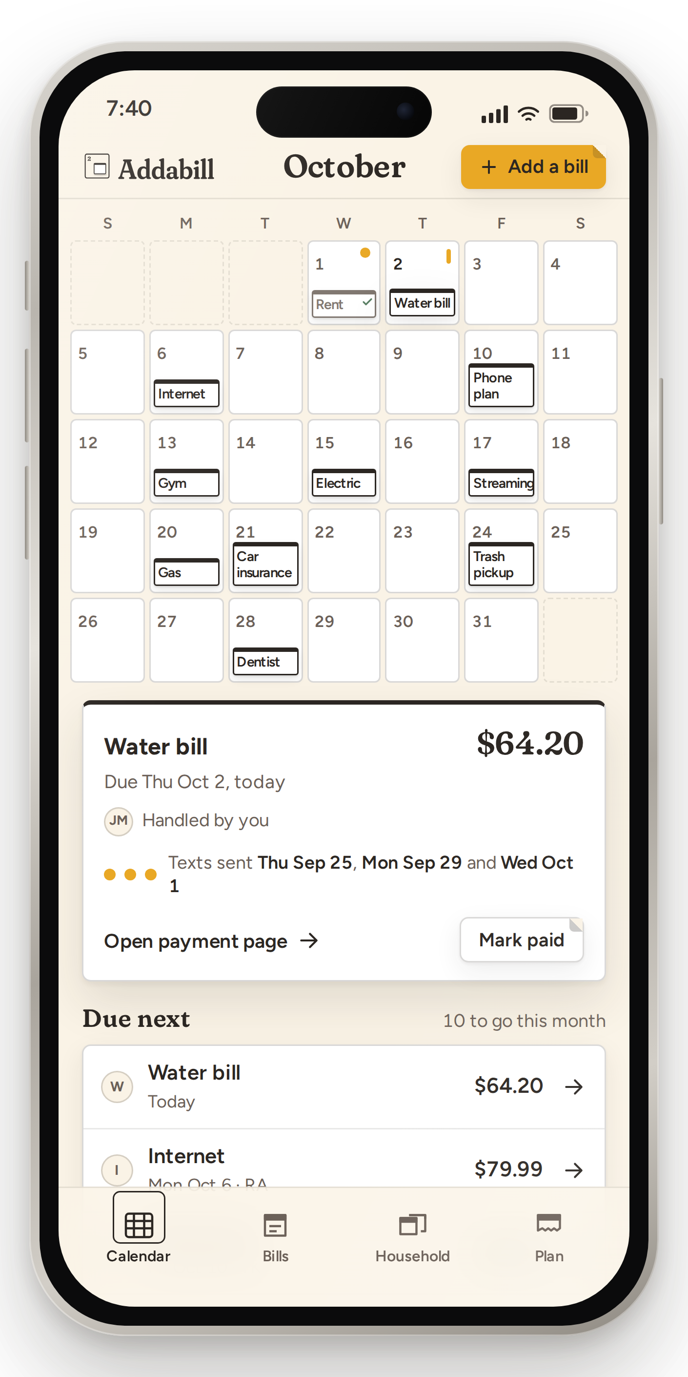 The Addabill October calendar on a phone, bill tags standing on their due dates and the water bill card open showing $64.20 due Thursday October 2.