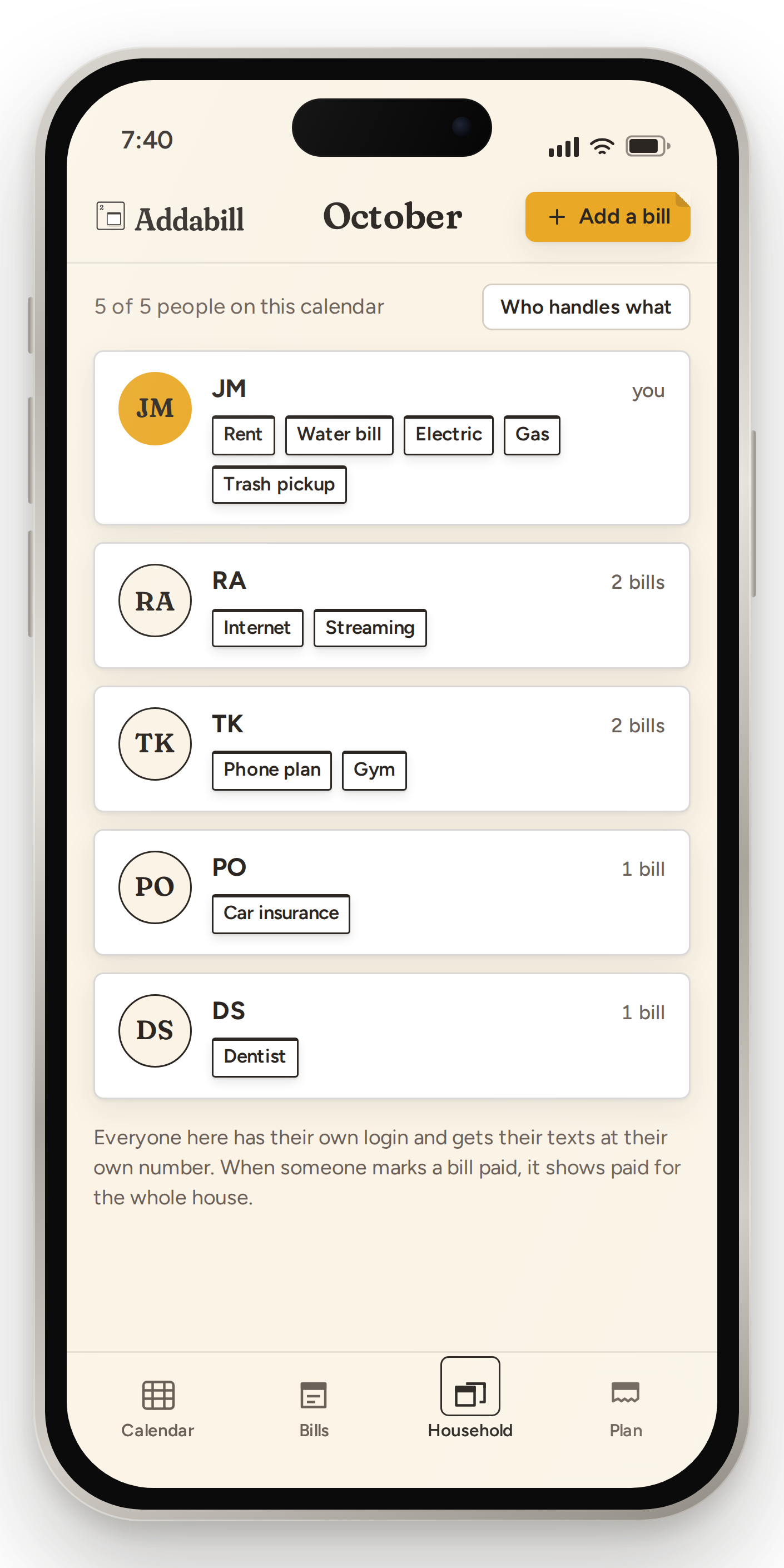 The Household screen in the Addabill app listing five members by their initials, with the bills each one handles as paper tags.