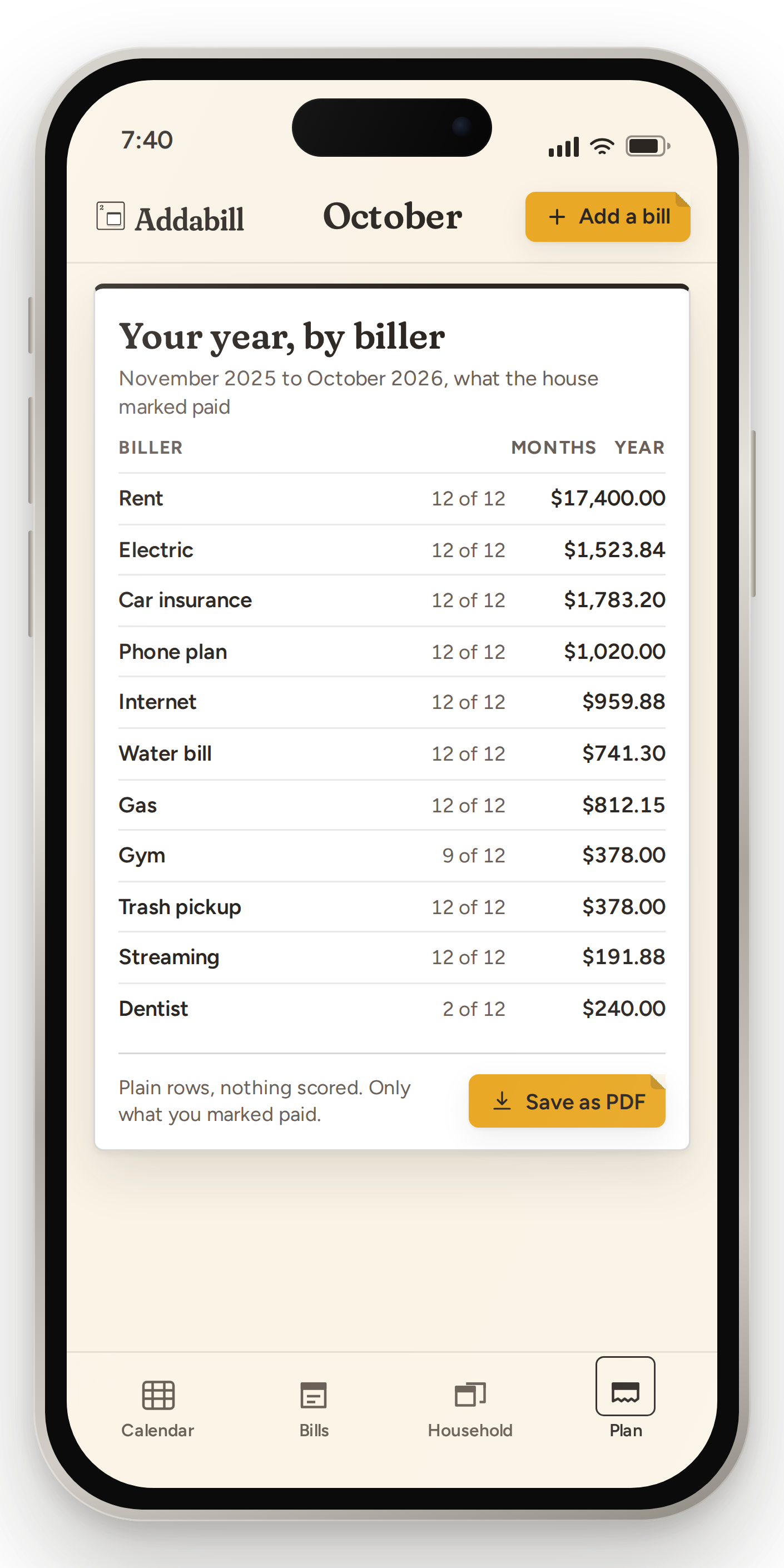 The Addabill yearly summary card listing twelve months of spending by biller as plain rows, with a Save as PDF button.